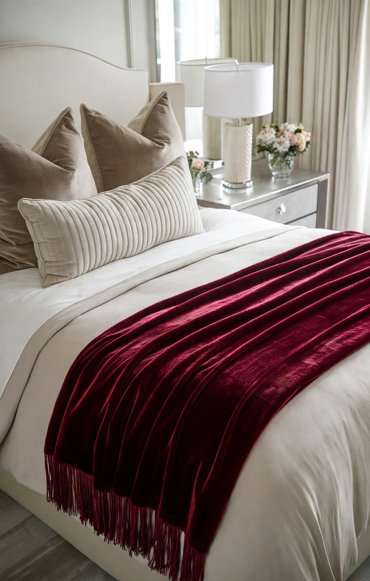 Deep Red / Maroon Velvet Bed Runner With Tassel Fringe