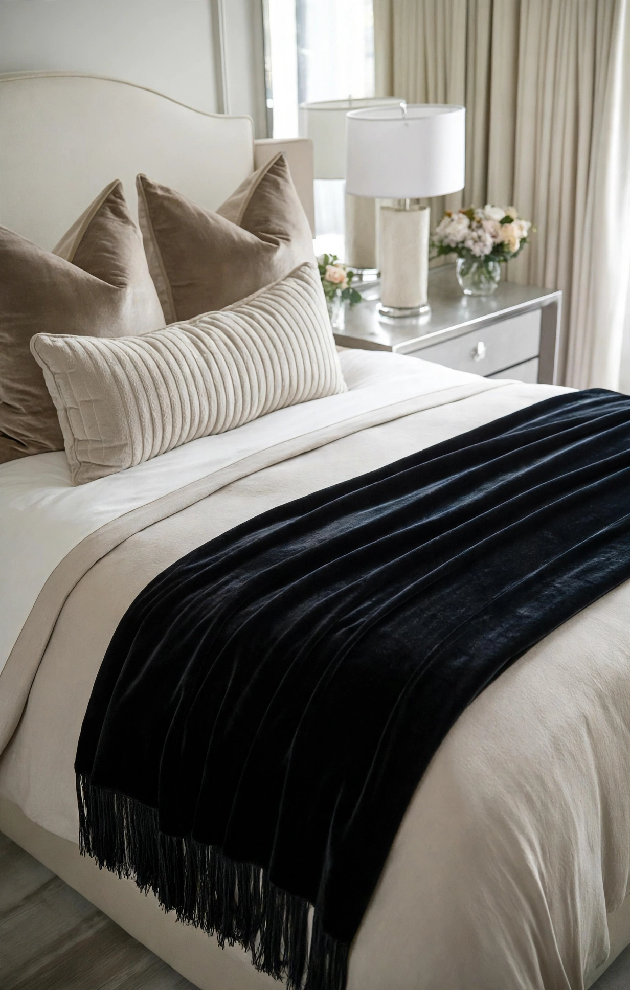 Jet Black Velvet Bed Runner With Tassel Fringe
