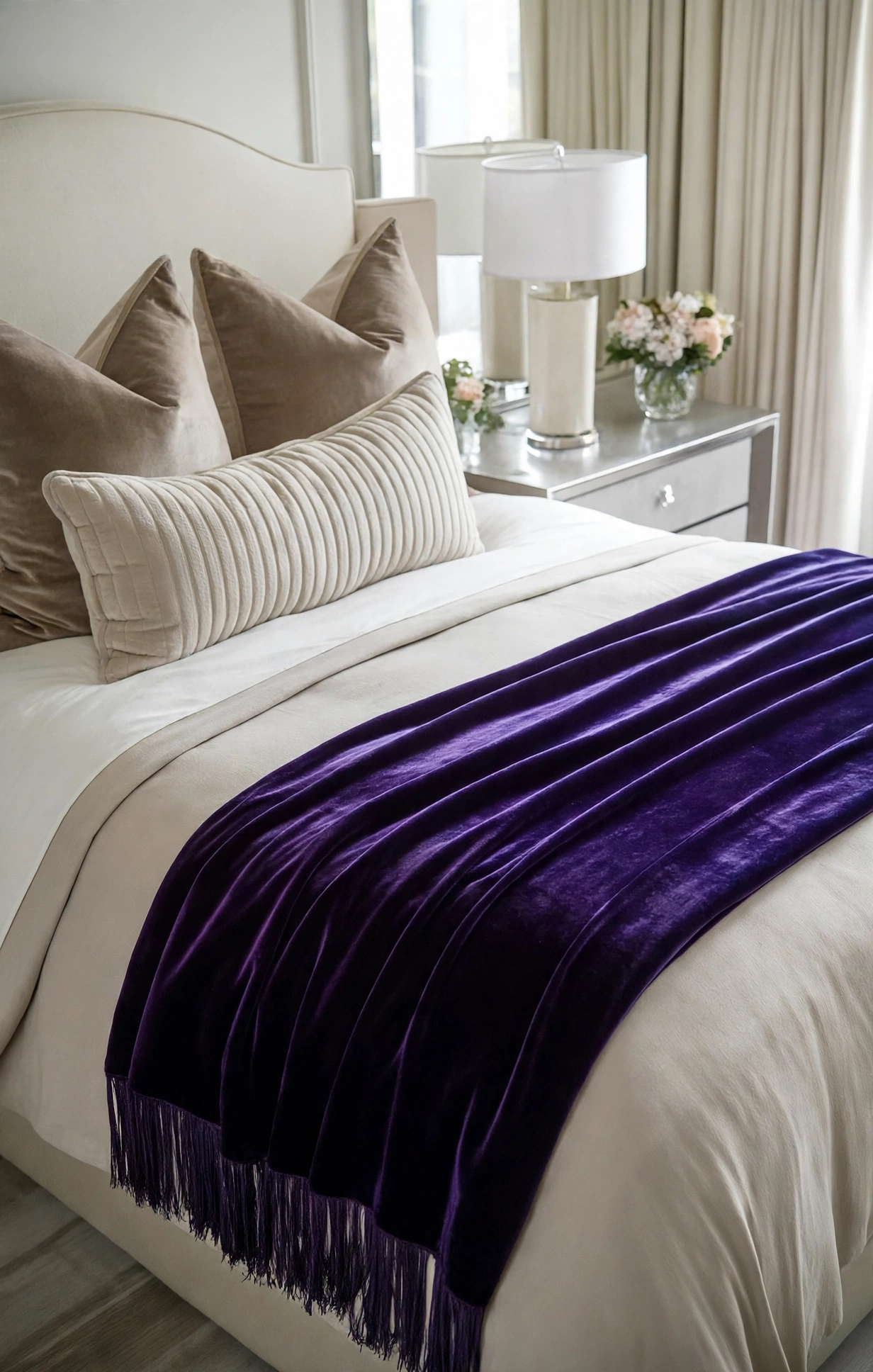 Deep Purple / Royal Purple Velvet Bed Runner With Tassel Fringe