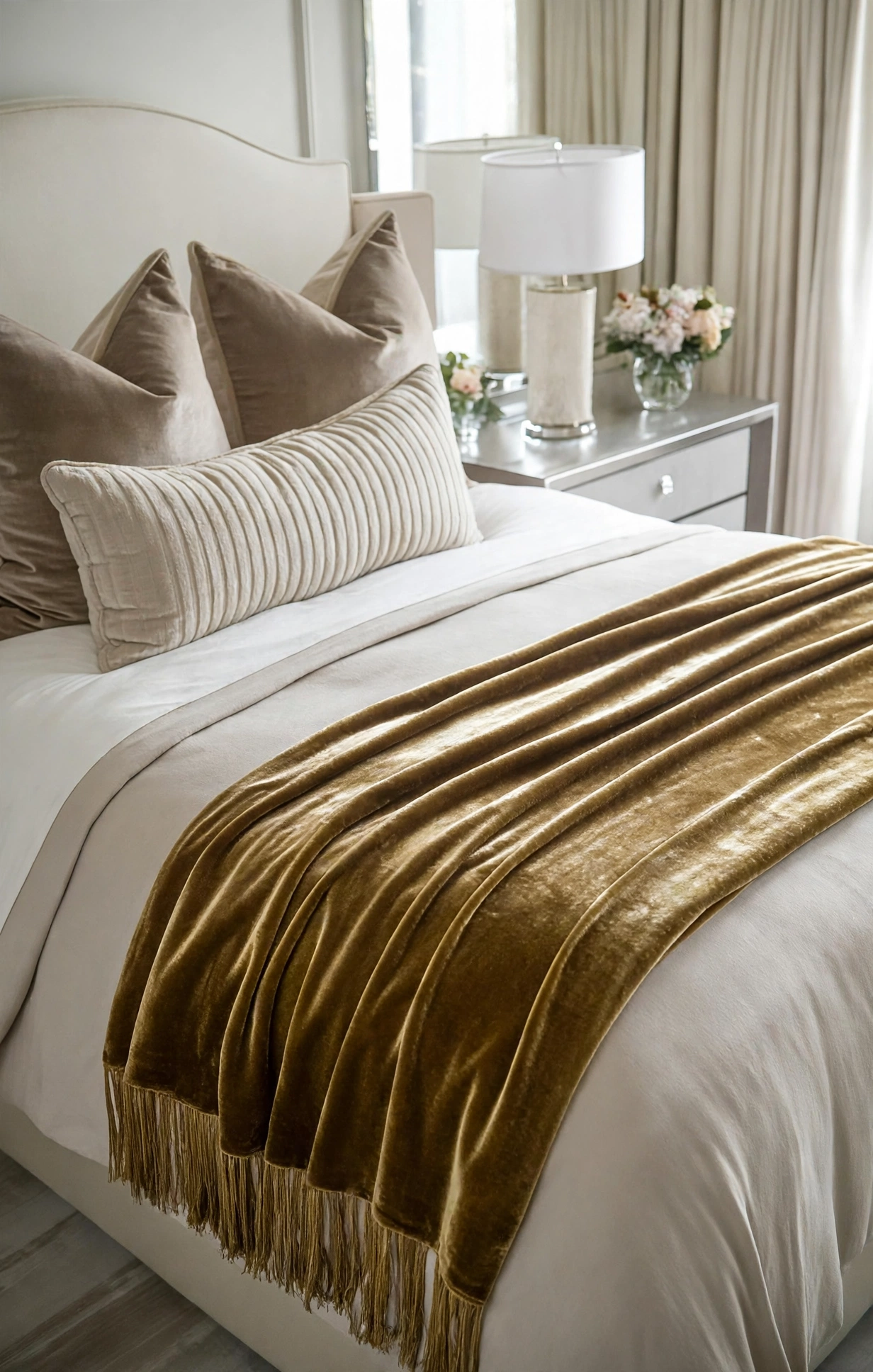 Antique Gold / Mustard Velvet Bed Runner With Tassel Fringe