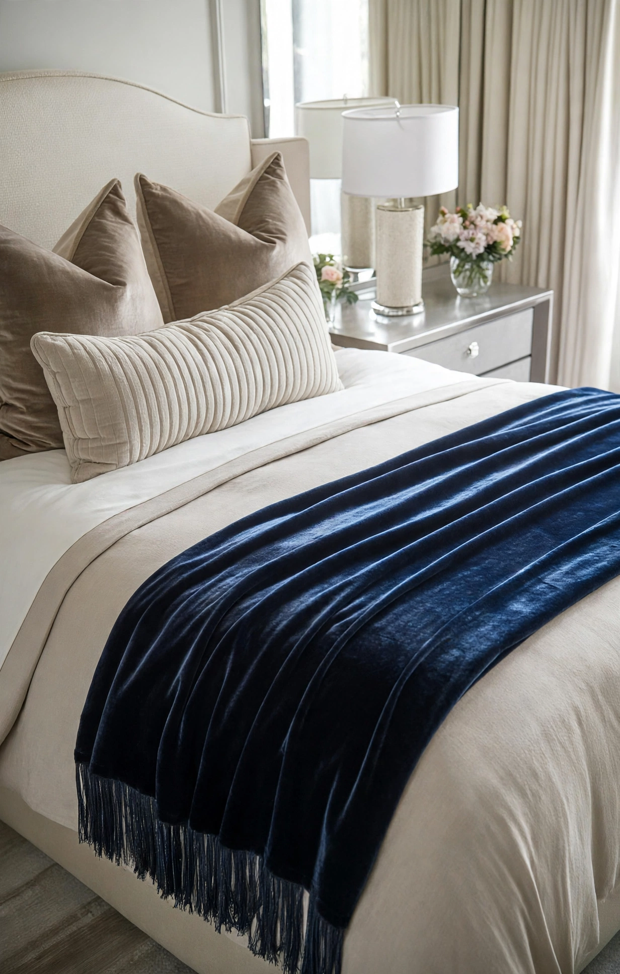 Navy Blue Velvet Bed Runner With Tassel Fringe