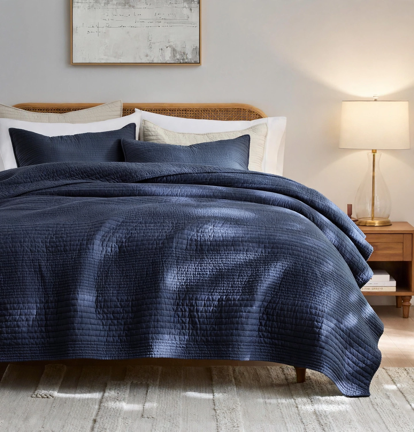 Navy Blue Quilted Bedspread Set With 2 Pillow Shams - 3 Piece Set - Double Bed
