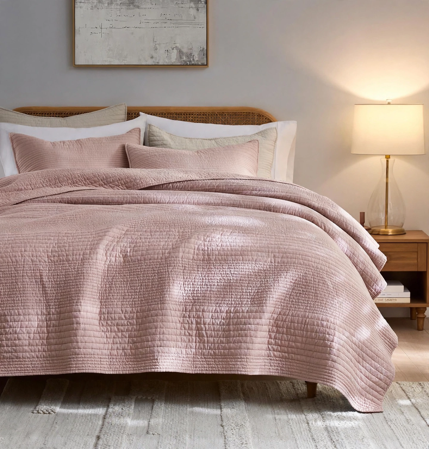 Blush Pink Quilted Bedspread Set With 2 Pillow Shams - 3 Piece - Soft Pastel