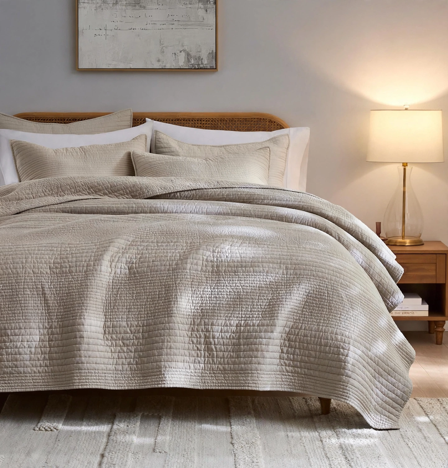 Beige / Natural Quilted Bedspread Set With 2 Pillow Shams - 3 Piece
