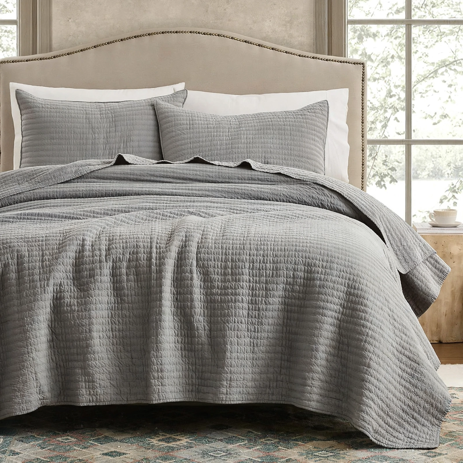 Ash Gray / Light Gray Quilted Bedspread Set With 2 Pillow Shams - 3 Piece