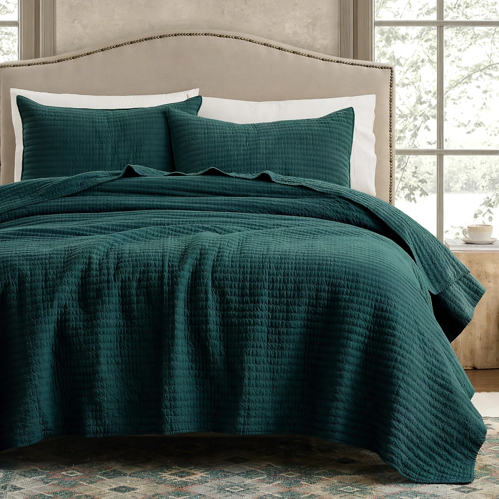 Teal Green Quilted Bedspread Set With 2 Pillow Shams - 3 Piece