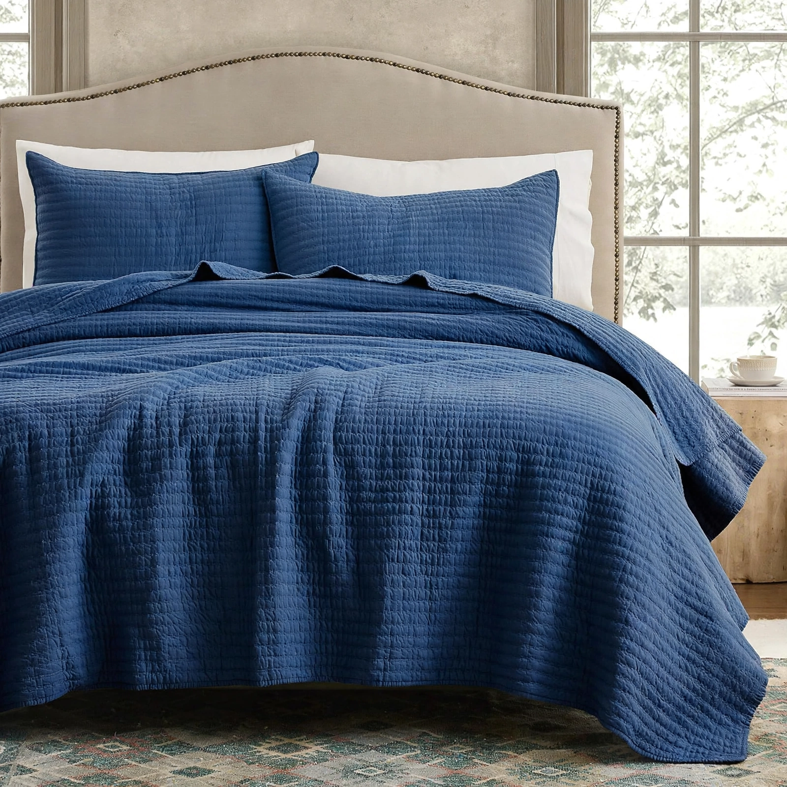 Stone Blue / Denim Blue Quilted Bedspread Set With 2 Pillow Shams - 3 Piece