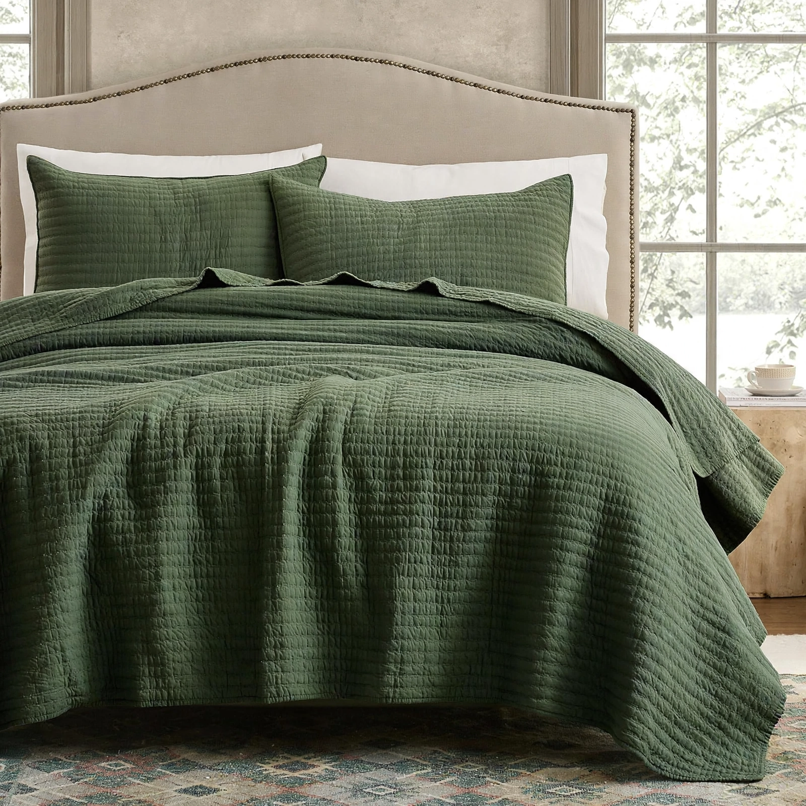 Leaf Green / Sage Green Quilted Bedspread Set With 2 Pillow Shams - 3 Piece